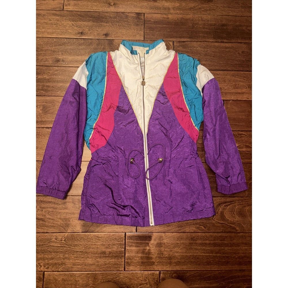 Vtg 80s Petite Sophisticate Nylon‎ Jacket Colorful Windbreaker Size Medium